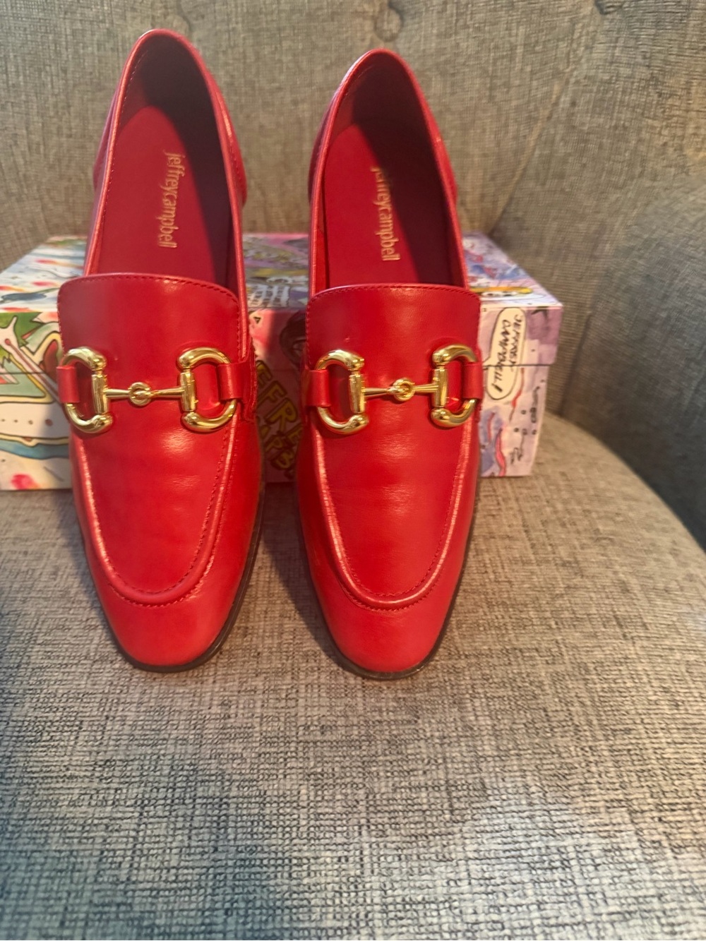 Jeffrey Campbell Red Leather Horsebit Loafers with Gold Hardware